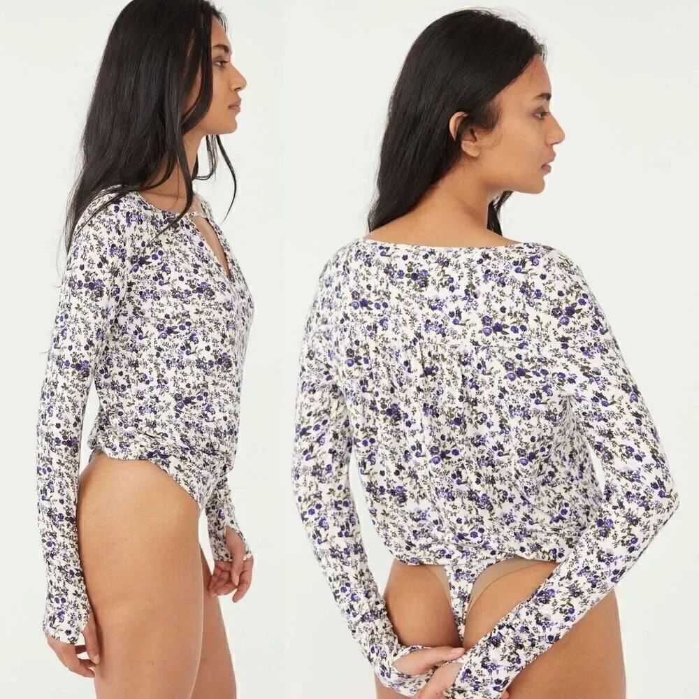 FREE PEOPLE  Kaya Print Cutout Bodysuit - Ivory Combo Medium